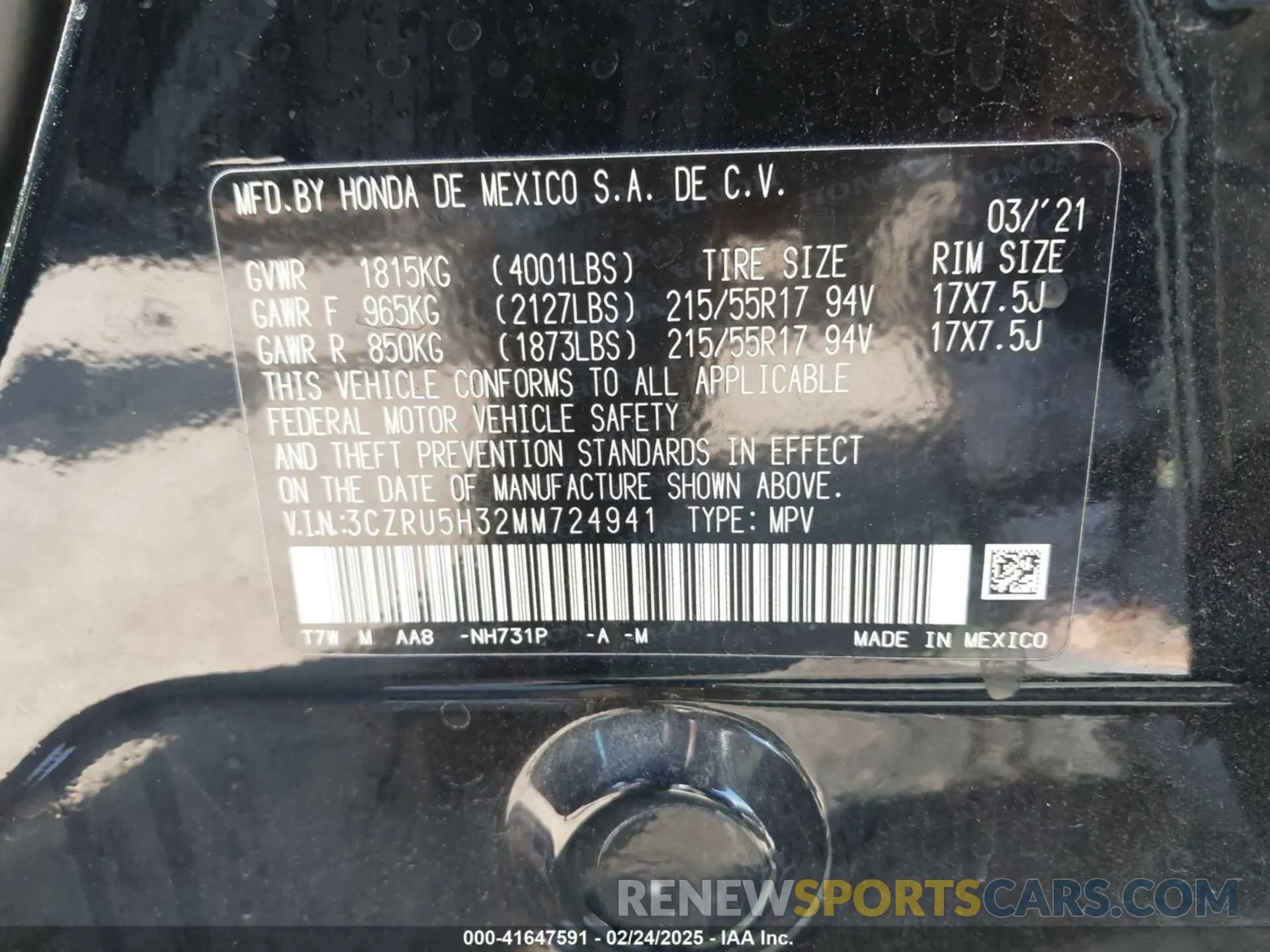 9 Photograph of a damaged car 3CZRU5H32MM724941 HONDA HR-V 2021