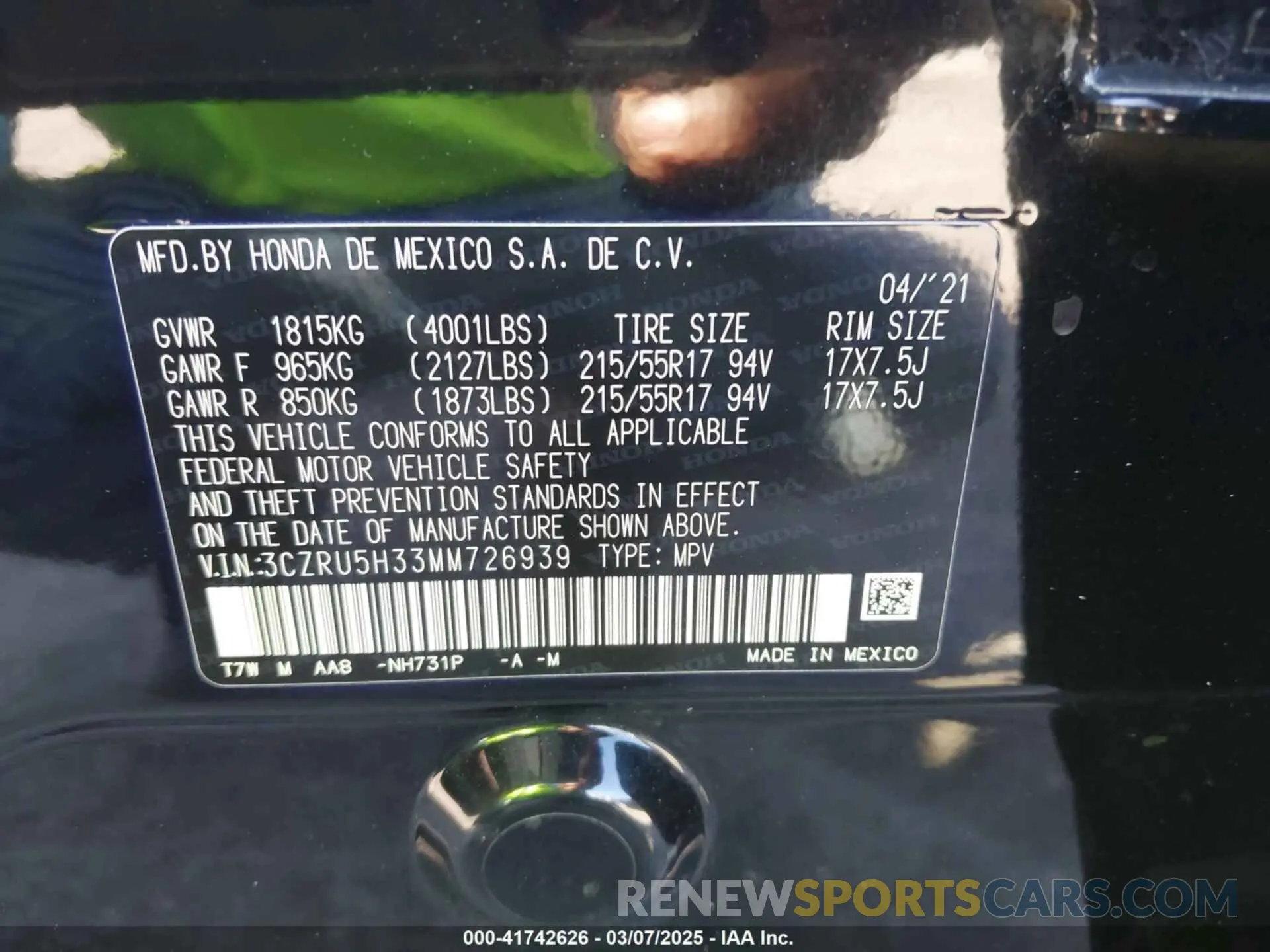 9 Фотография поврежденного автомобиля 3CZRU5H33MM726939 HONDA HR-V 2021
