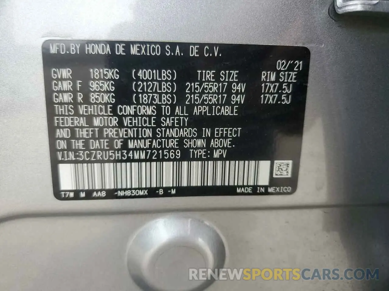 15 Фотография поврежденного автомобиля 3CZRU5H34MM721569 HONDA HR-V 2021
