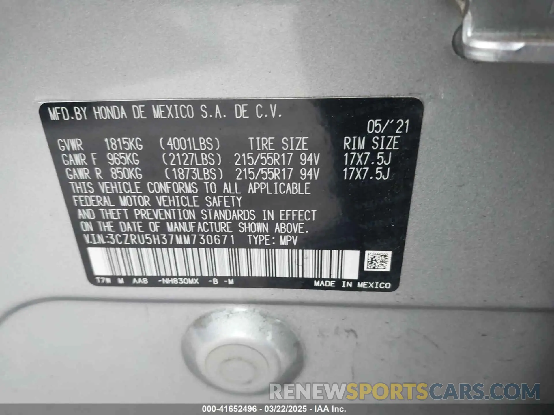 9 Photograph of a damaged car 3CZRU5H37MM730671 HONDA HR-V 2021