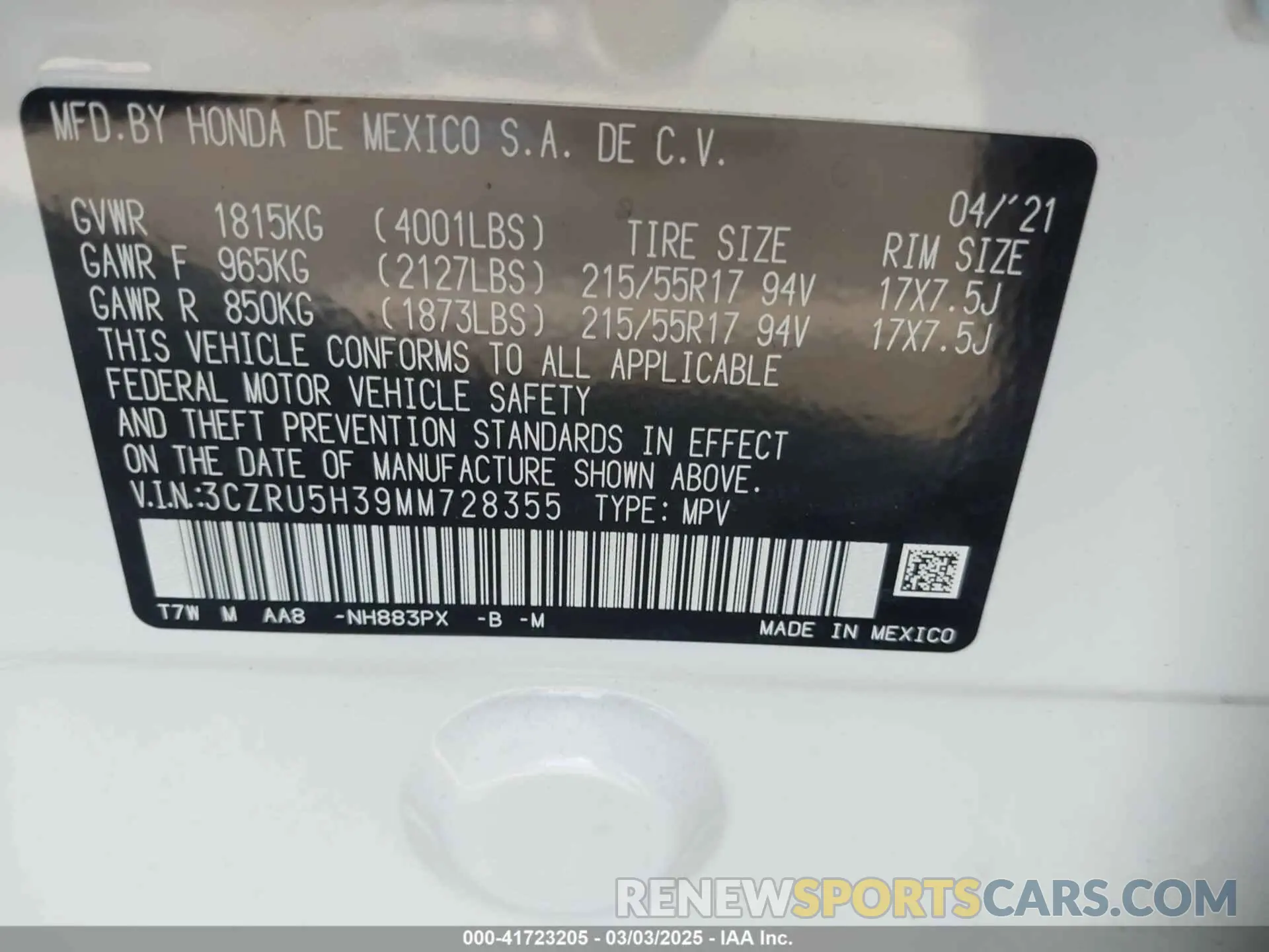 9 Фотография поврежденного автомобиля 3CZRU5H39MM728355 HONDA HR-V 2021