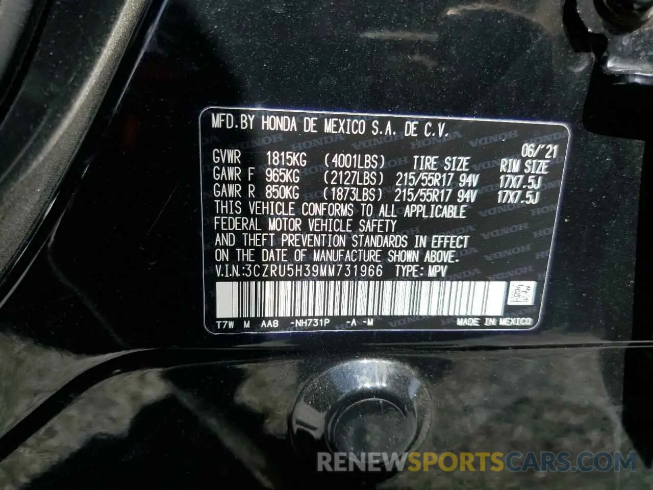 15 Photograph of a damaged car 3CZRU5H39MM731966 HONDA HR-V 2021