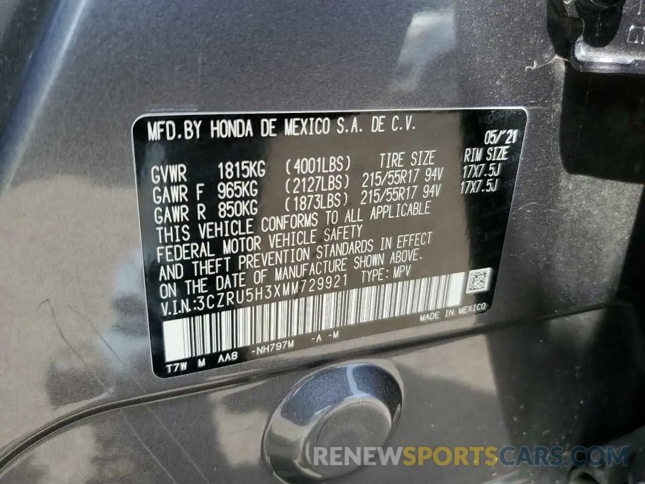 13 Photograph of a damaged car 3CZRU5H3XMM729921 HONDA HR-V 2021