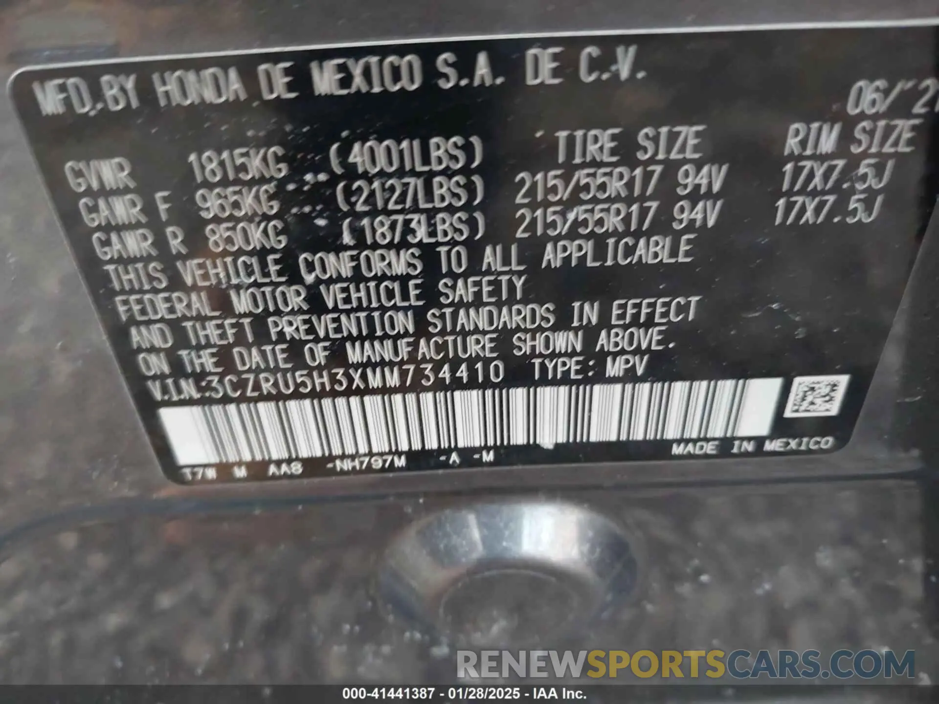 9 Фотография поврежденного автомобиля 3CZRU5H3XMM734410 HONDA HR-V 2021