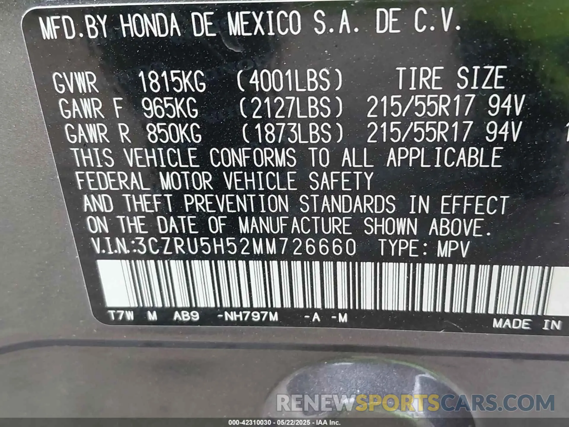 9 Фотография поврежденного автомобиля 3CZRU5H52MM726660 HONDA HR-V 2021