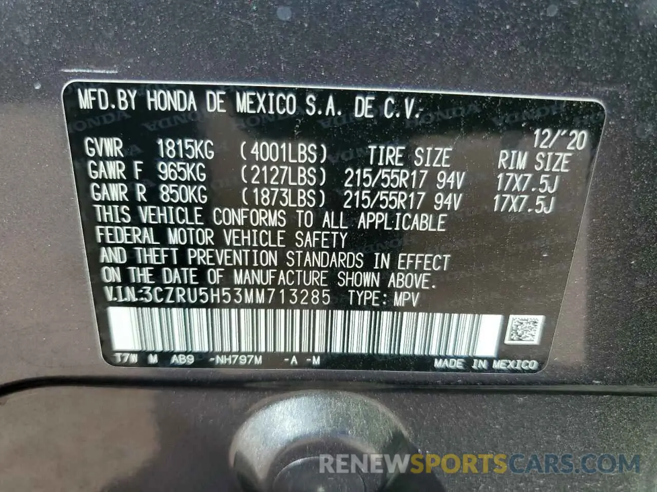 13 Photograph of a damaged car 3CZRU5H53MM713285 HONDA HR-V 2021