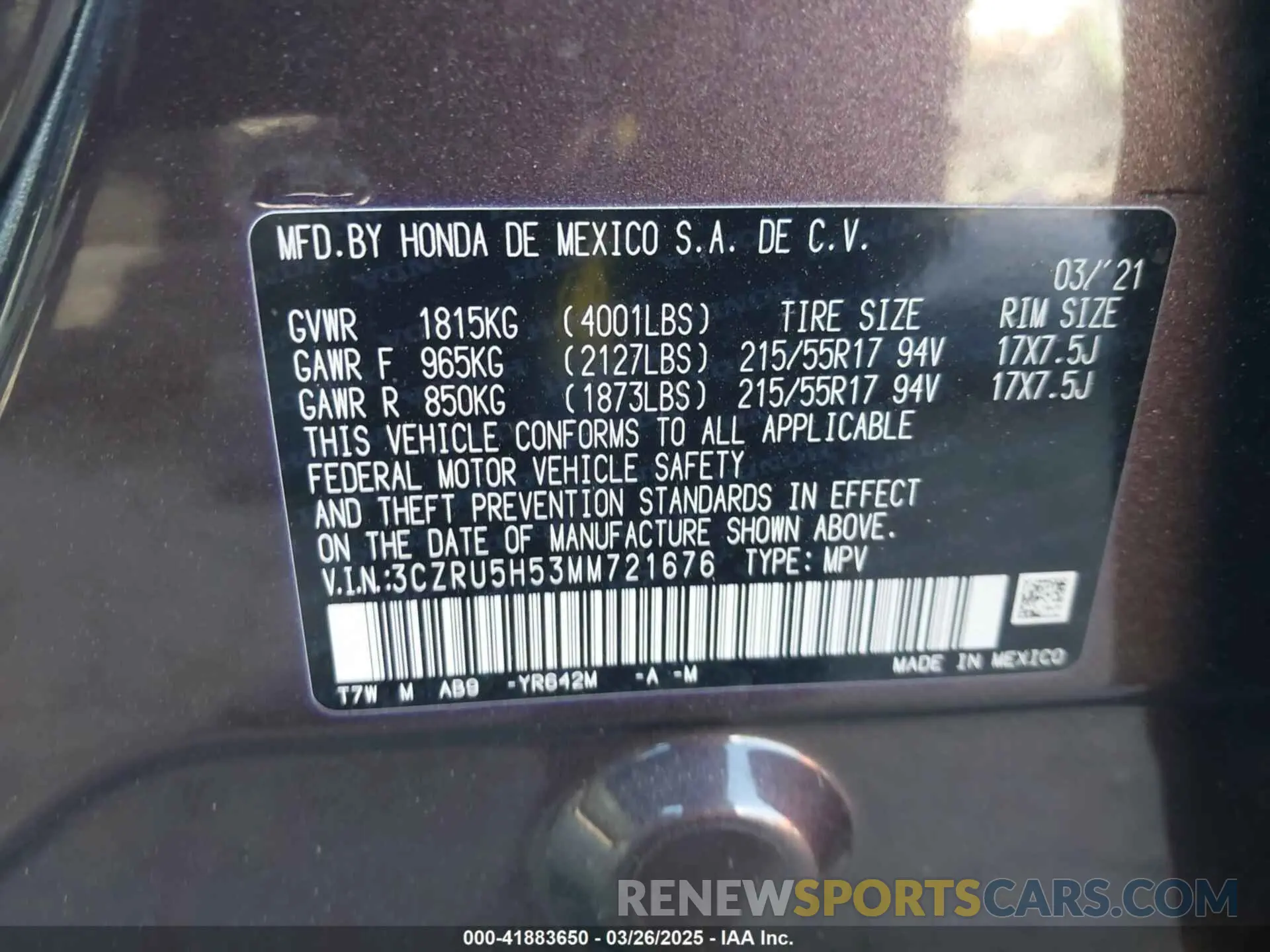 9 Photograph of a damaged car 3CZRU5H53MM721676 HONDA HR-V 2021