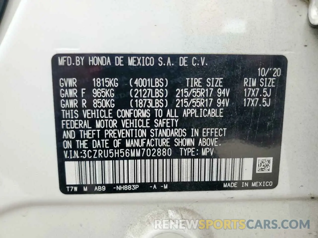 14 Photograph of a damaged car 3CZRU5H56MM702880 HONDA HR-V 2021