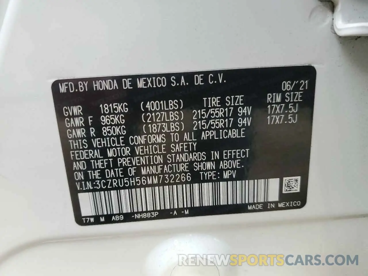 16 Photograph of a damaged car 3CZRU5H56MM732266 HONDA HR-V 2021