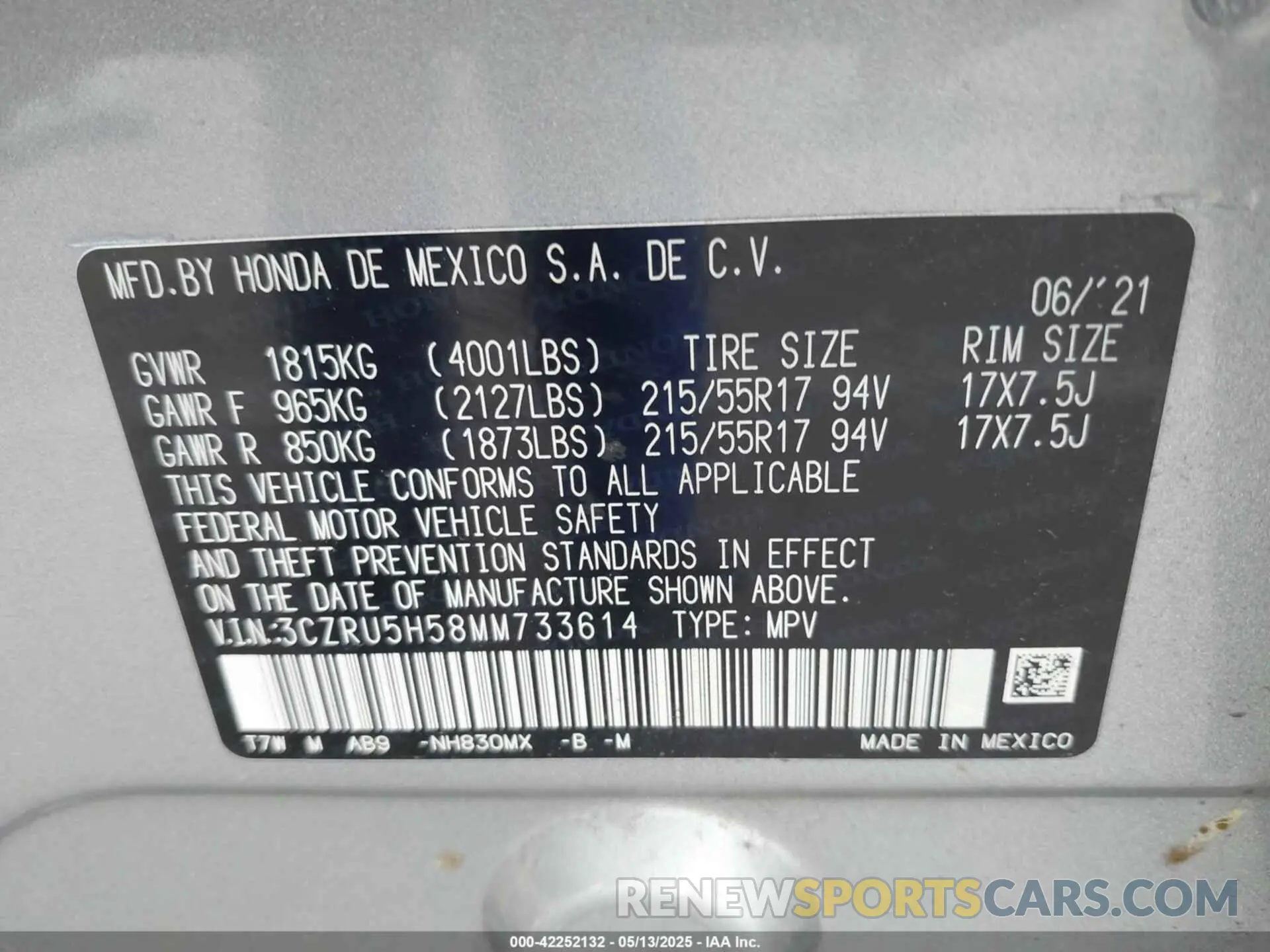 9 Фотография поврежденного автомобиля 3CZRU5H58MM733614 HONDA HR-V 2021