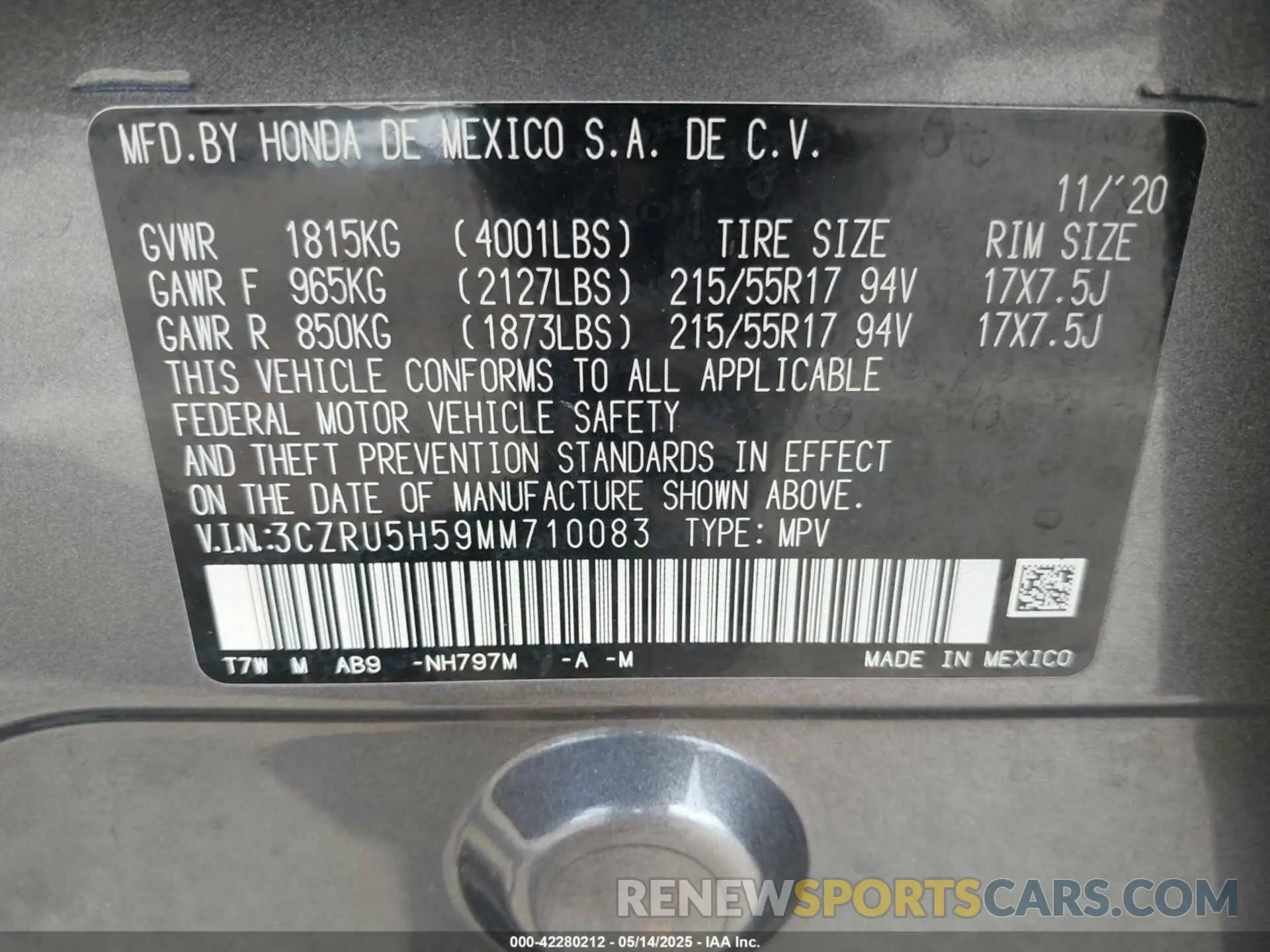 9 Фотография поврежденного автомобиля 3CZRU5H59MM710083 HONDA HR-V 2021
