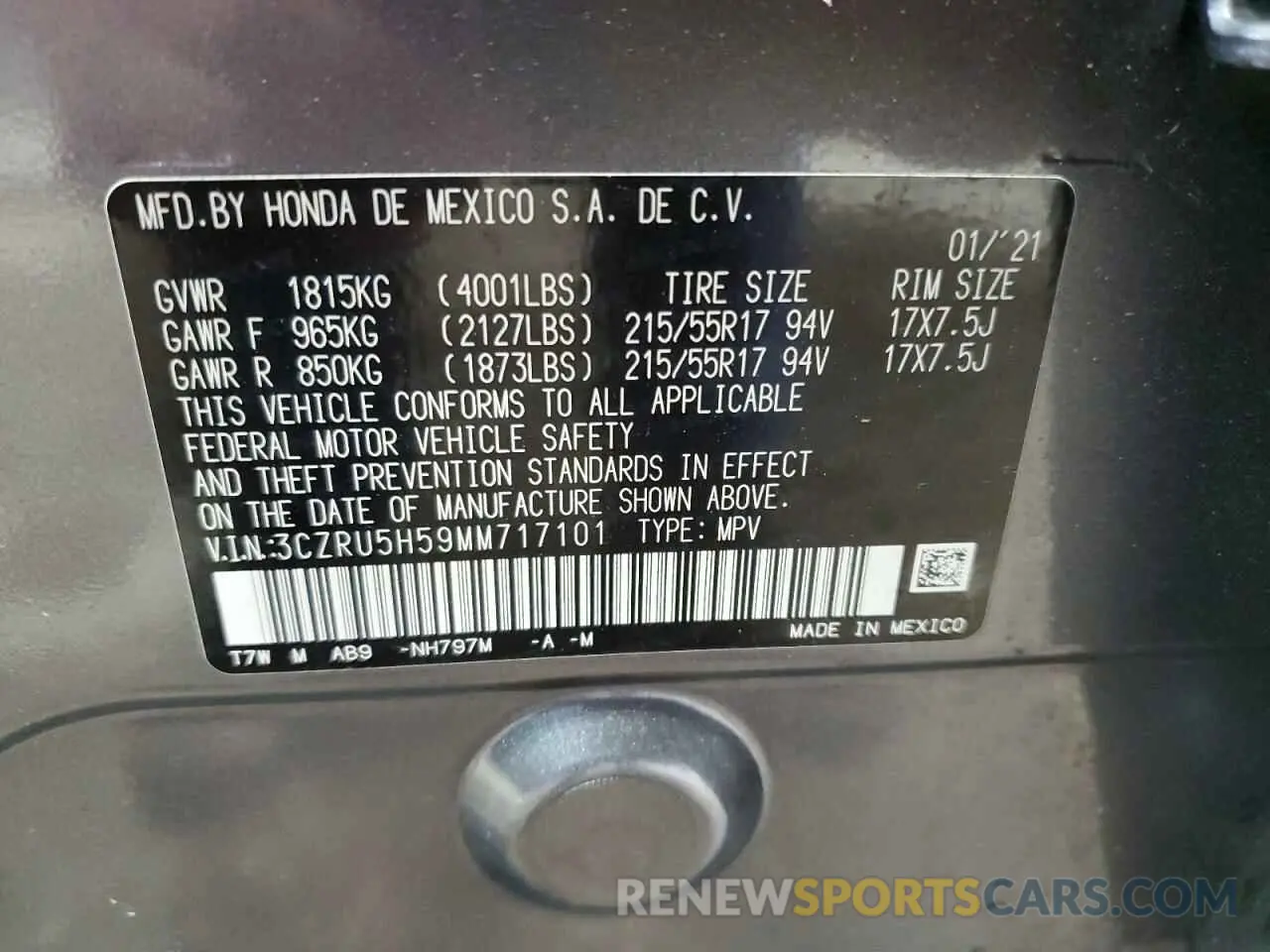 14 Photograph of a damaged car 3CZRU5H59MM717101 HONDA HR-V 2021