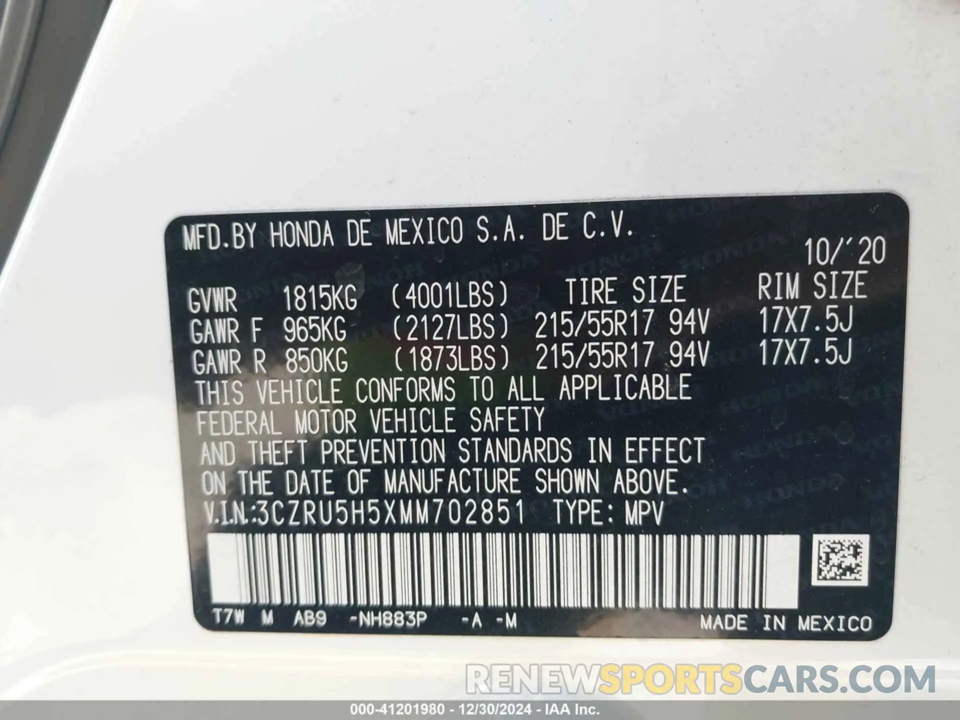 9 Фотография поврежденного автомобиля 3CZRU5H5XMM702851 HONDA HR-V 2021