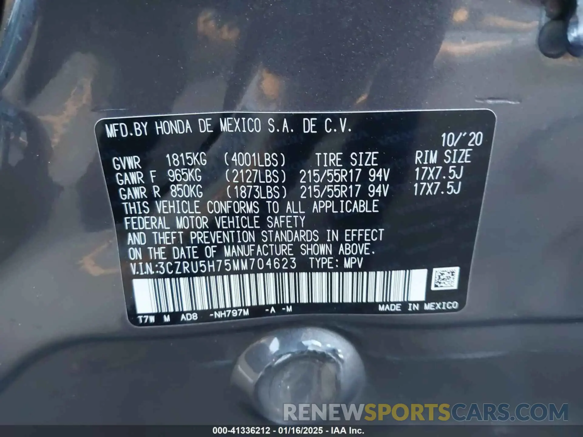 9 Фотография поврежденного автомобиля 3CZRU5H75MM704623 HONDA HR-V 2021