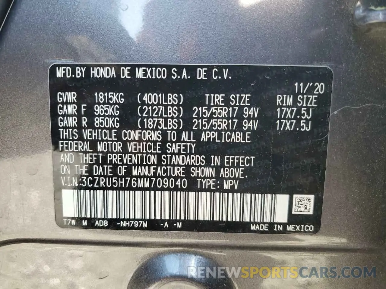 14 Photograph of a damaged car 3CZRU5H76MM709040 HONDA HR-V 2021