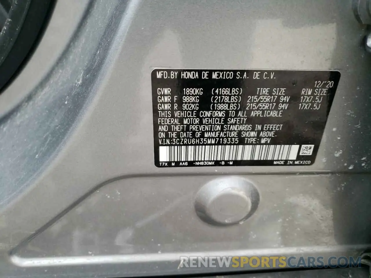 13 Фотография поврежденного автомобиля 3CZRU6H35MM719335 HONDA HR-V 2021