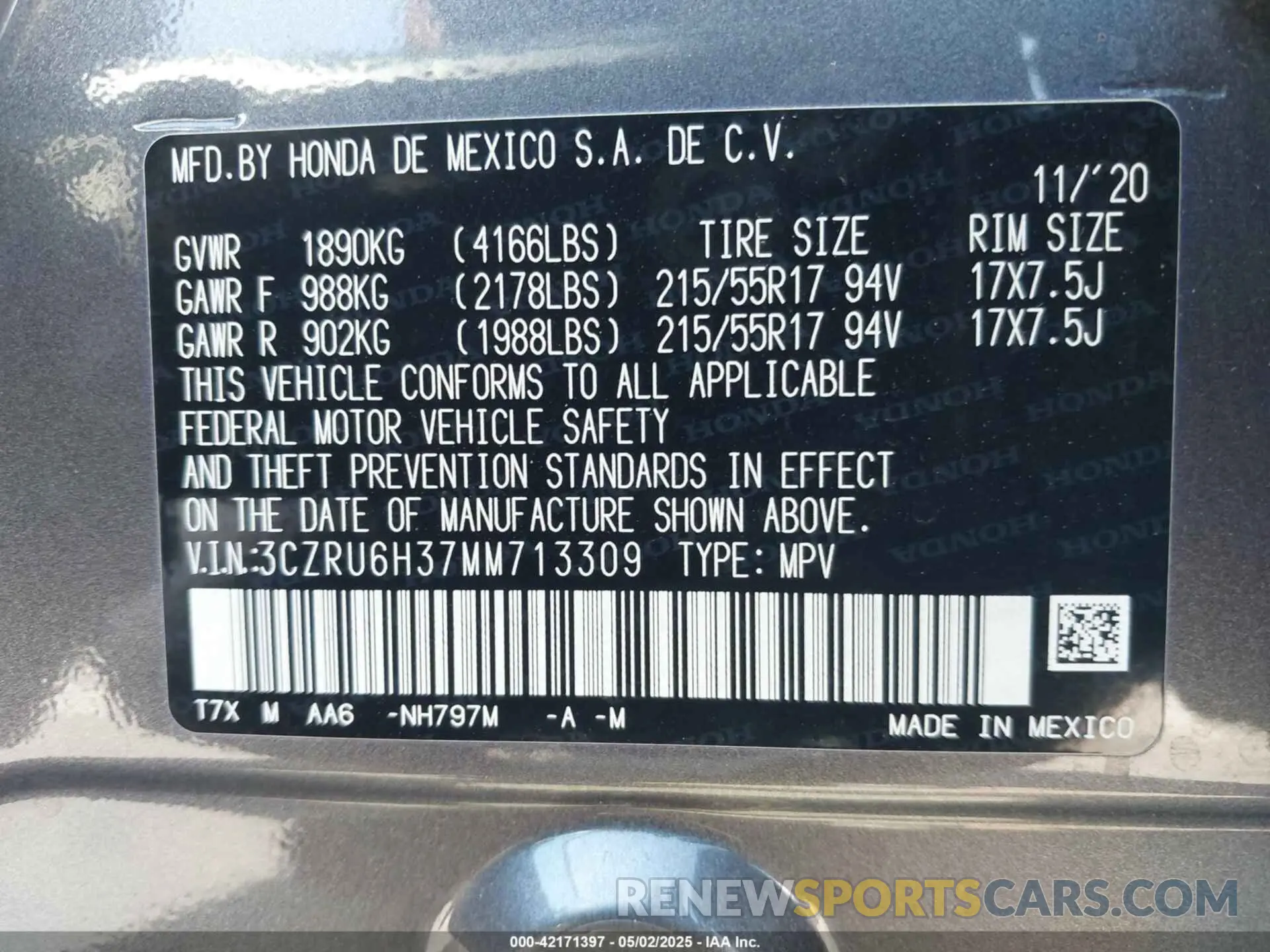 9 Фотография поврежденного автомобиля 3CZRU6H37MM713309 HONDA HR-V 2021
