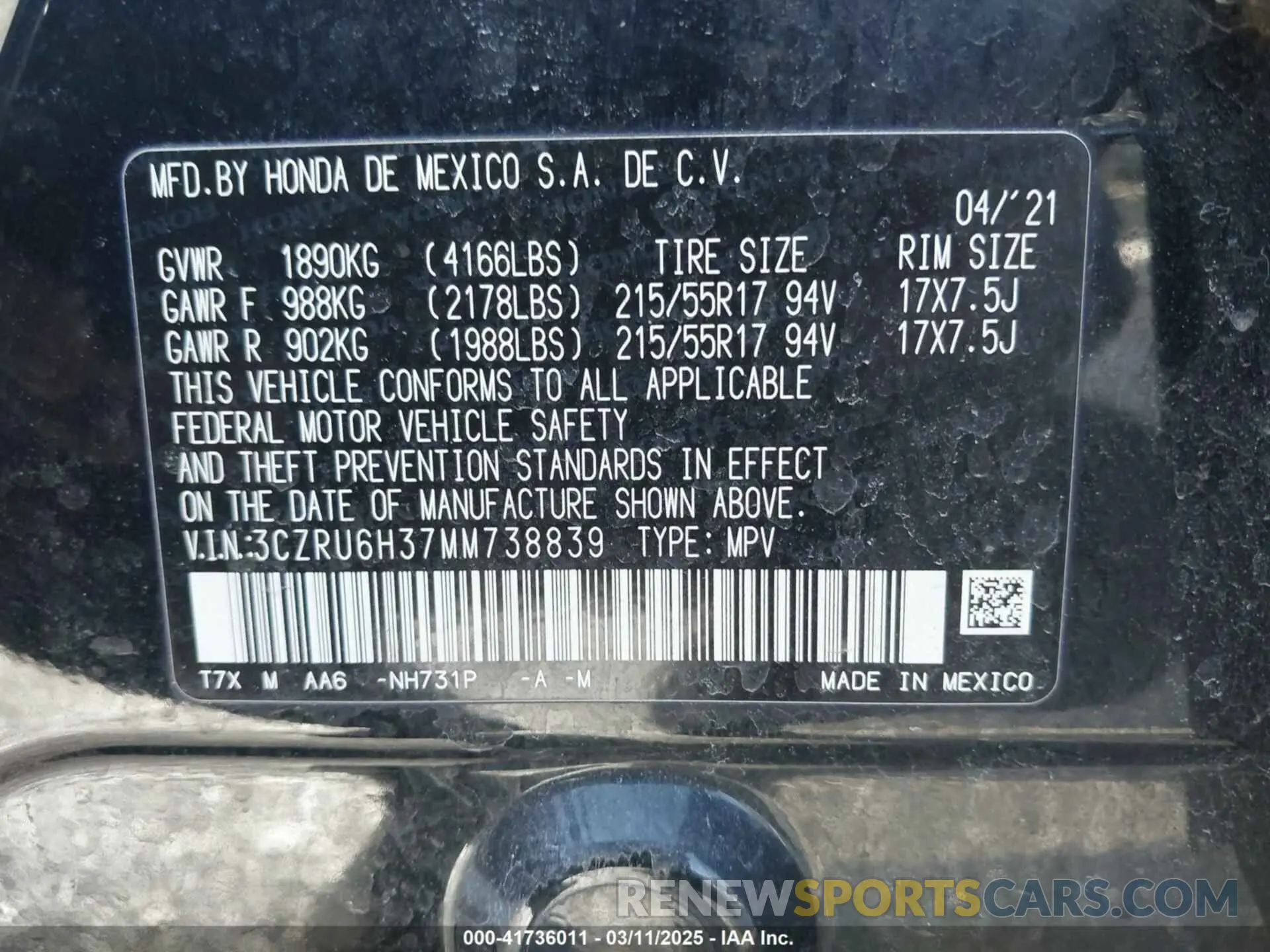 9 Photograph of a damaged car 3CZRU6H37MM738839 HONDA HR-V 2021