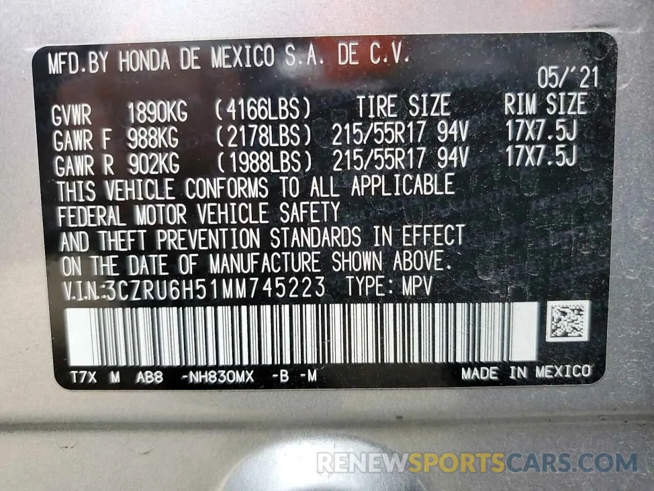 14 Фотография поврежденного автомобиля 3CZRU6H51MM745223 HONDA HR-V 2021