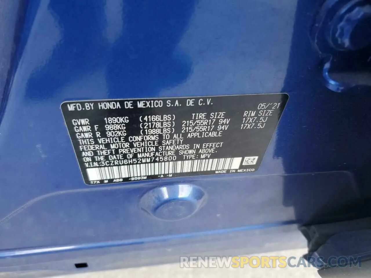 13 Фотография поврежденного автомобиля 3CZRU6H52MM745800 HONDA HR-V 2021