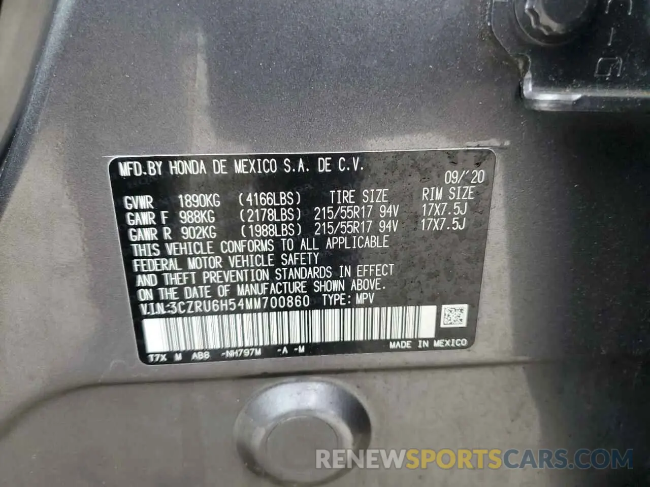 14 Photograph of a damaged car 3CZRU6H54MM700860 HONDA HR-V 2021