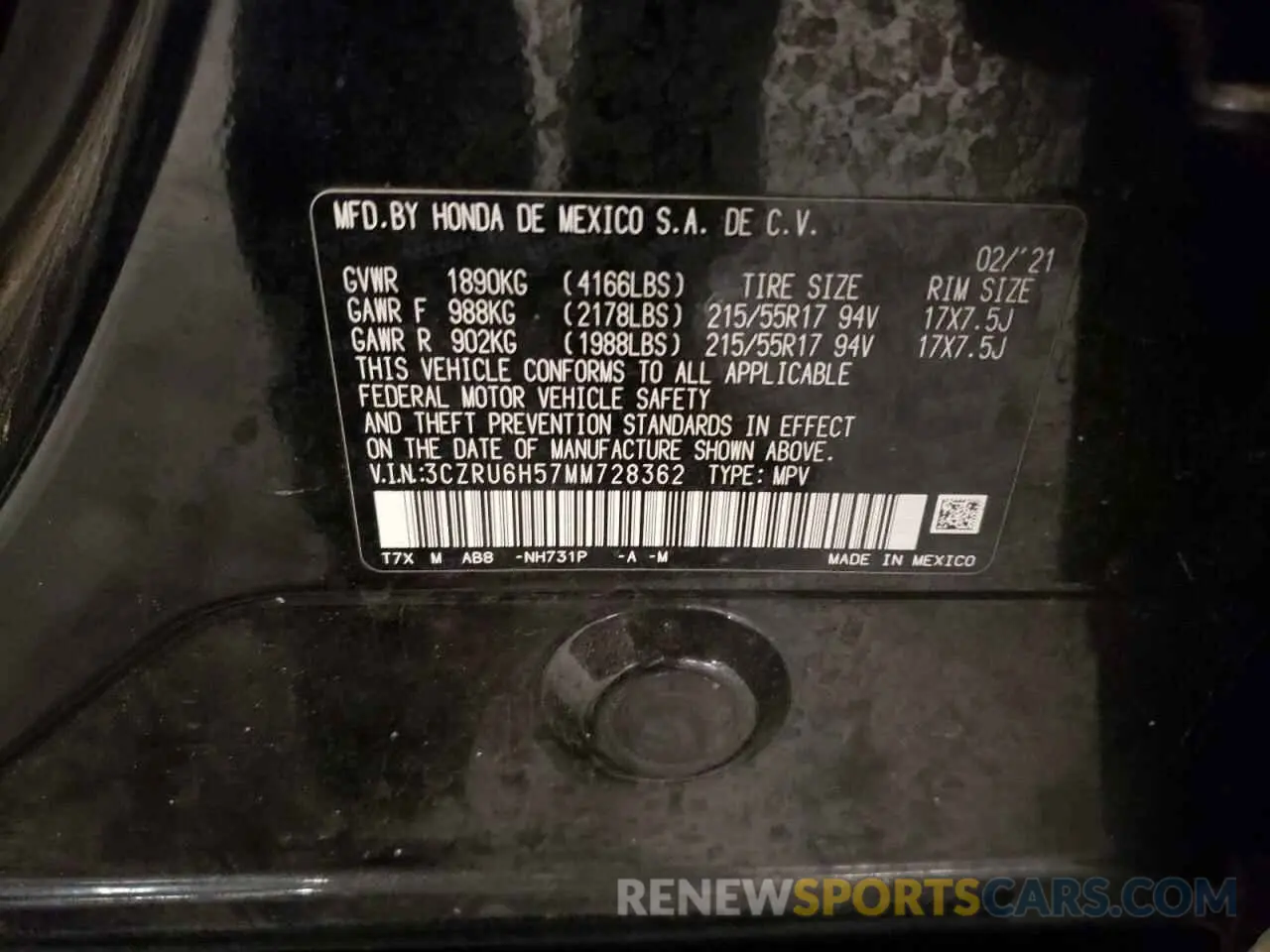 13 Фотография поврежденного автомобиля 3CZRU6H57MM728362 HONDA HR-V 2021