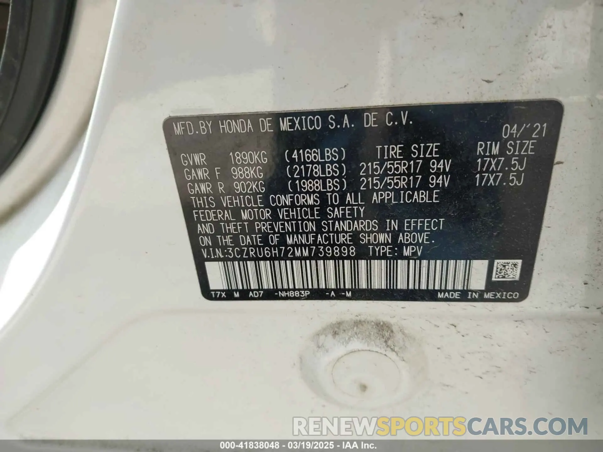 9 Фотография поврежденного автомобиля 3CZRU6H72MM739898 HONDA HR-V 2021