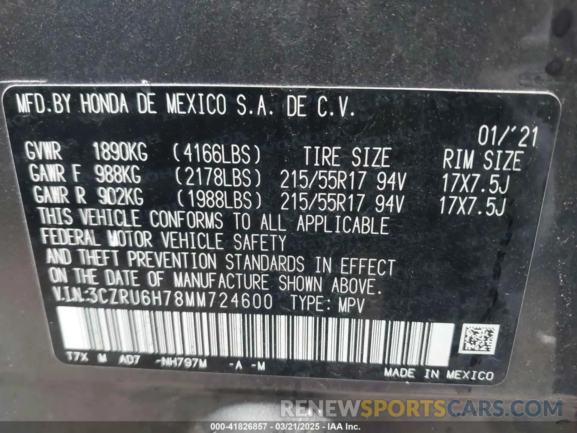 9 Photograph of a damaged car 3CZRU6H78MM724600 HONDA HR-V 2021