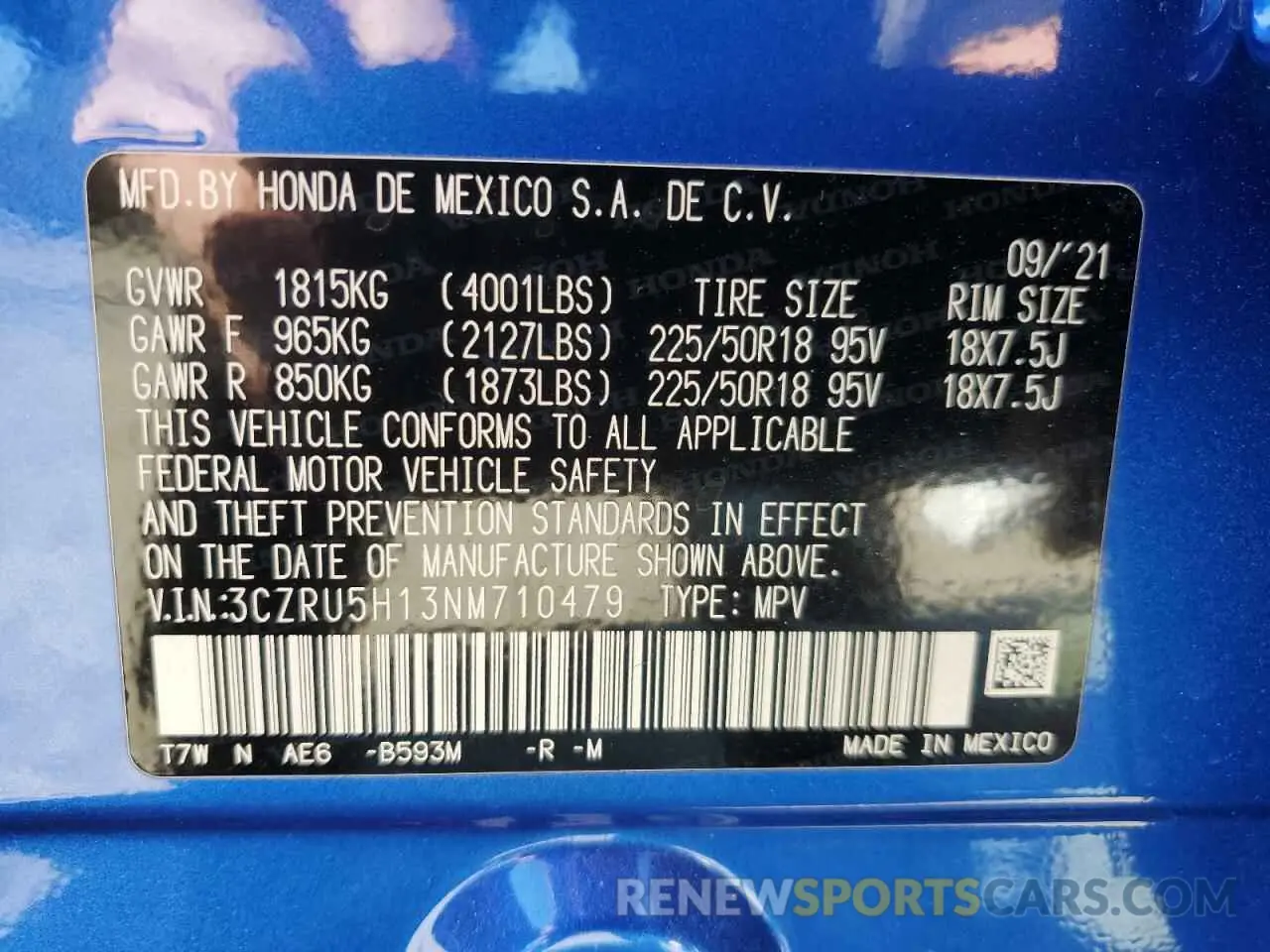 13 Фотография поврежденного автомобиля 3CZRU5H13NM710479 HONDA HR-V 2022
