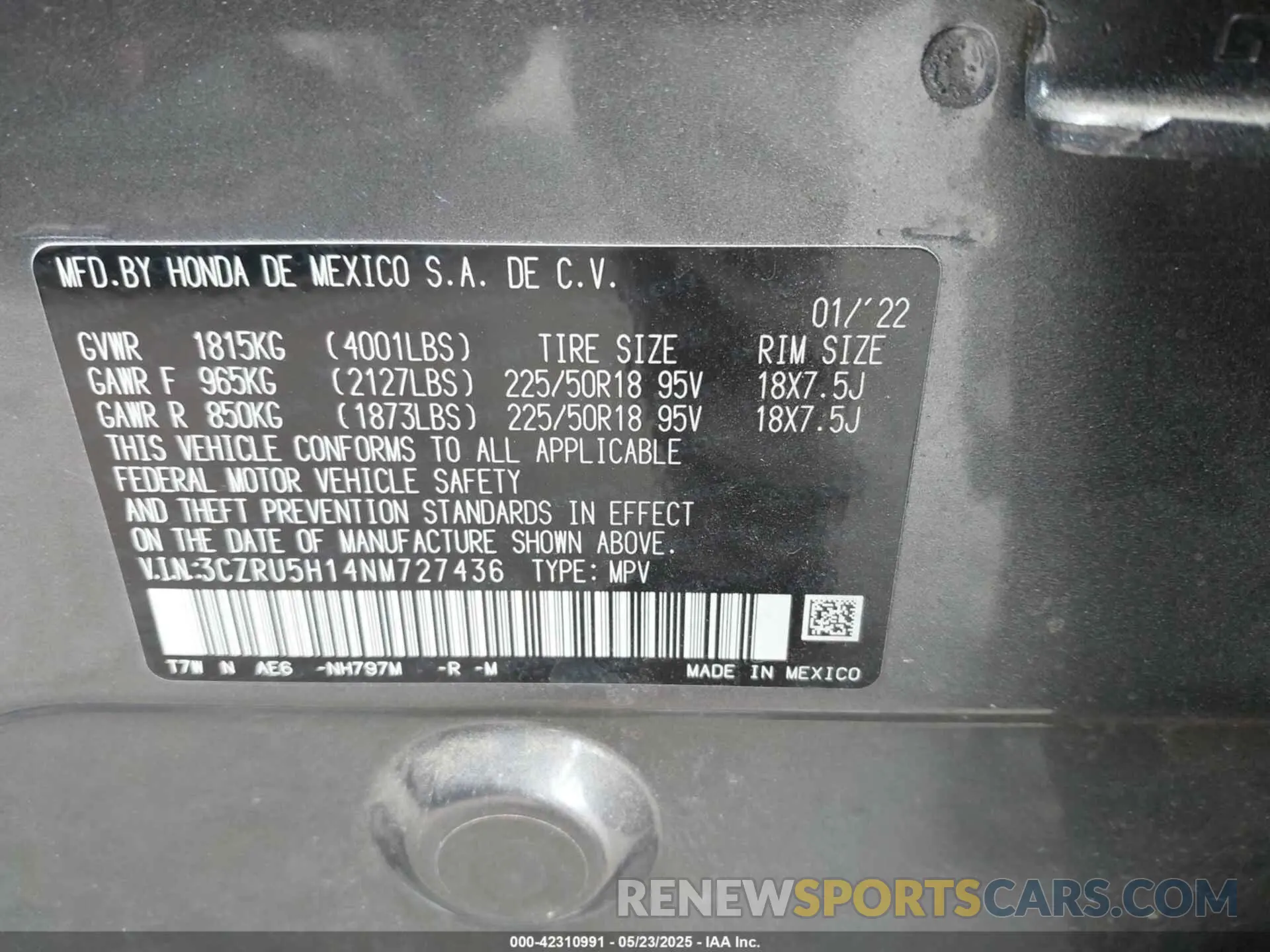 9 Фотография поврежденного автомобиля 3CZRU5H14NM727436 HONDA HR-V 2022