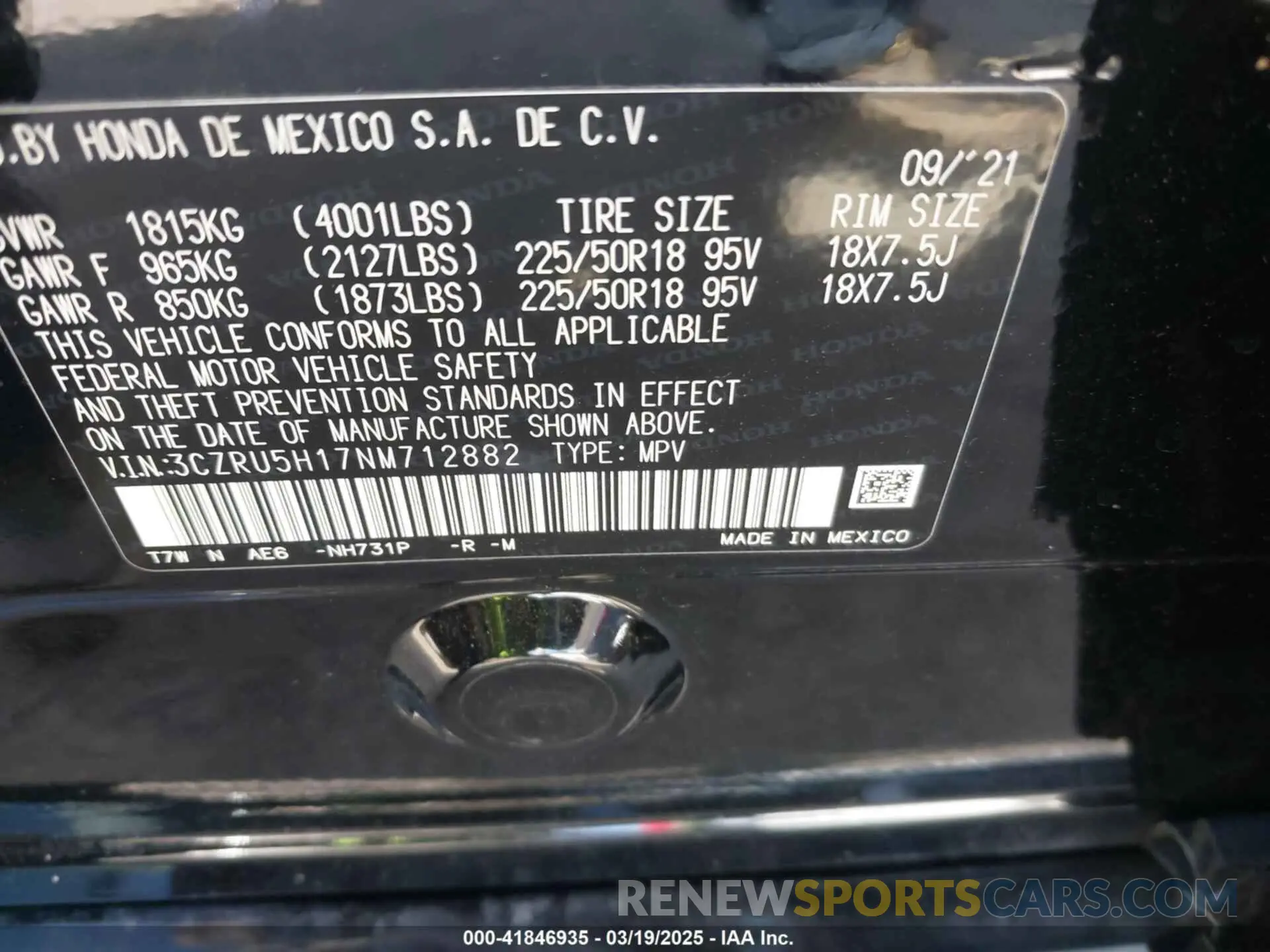 9 Фотография поврежденного автомобиля 3CZRU5H17NM712882 HONDA HR-V 2022