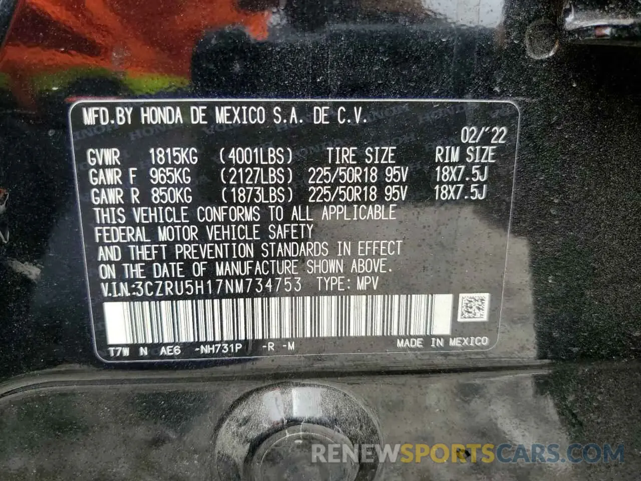 13 Photograph of a damaged car 3CZRU5H17NM734753 HONDA HR-V 2022