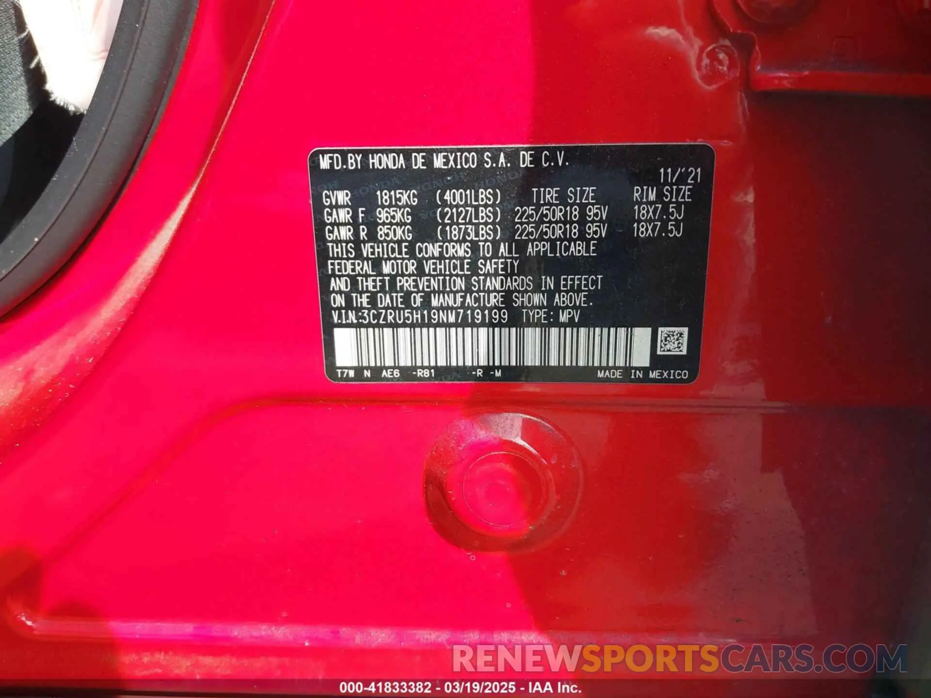 9 Фотография поврежденного автомобиля 3CZRU5H19NM719199 HONDA HR-V 2022