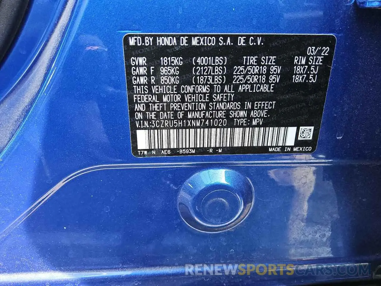 13 Фотография поврежденного автомобиля 3CZRU5H1XNM741020 HONDA HR-V 2022