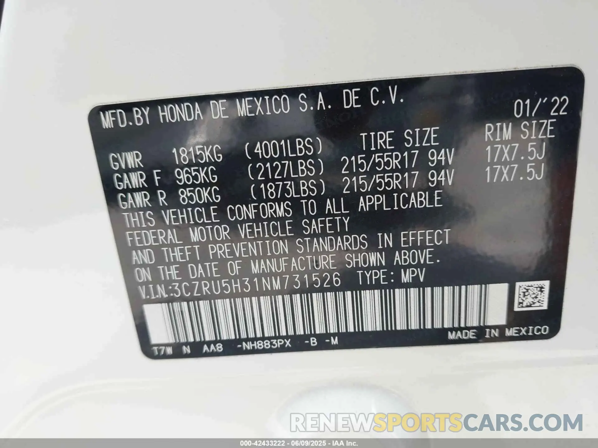 9 Photograph of a damaged car 3CZRU5H31NM731526 HONDA HR-V 2022