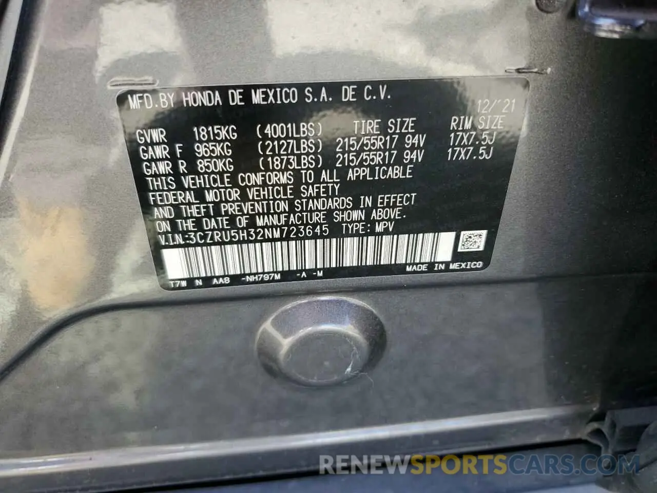 14 Photograph of a damaged car 3CZRU5H32NM723645 HONDA HR-V 2022