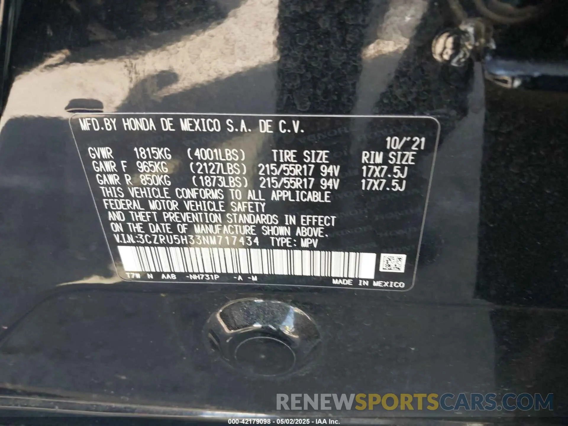 9 Photograph of a damaged car 3CZRU5H33NM717434 HONDA HR-V 2022