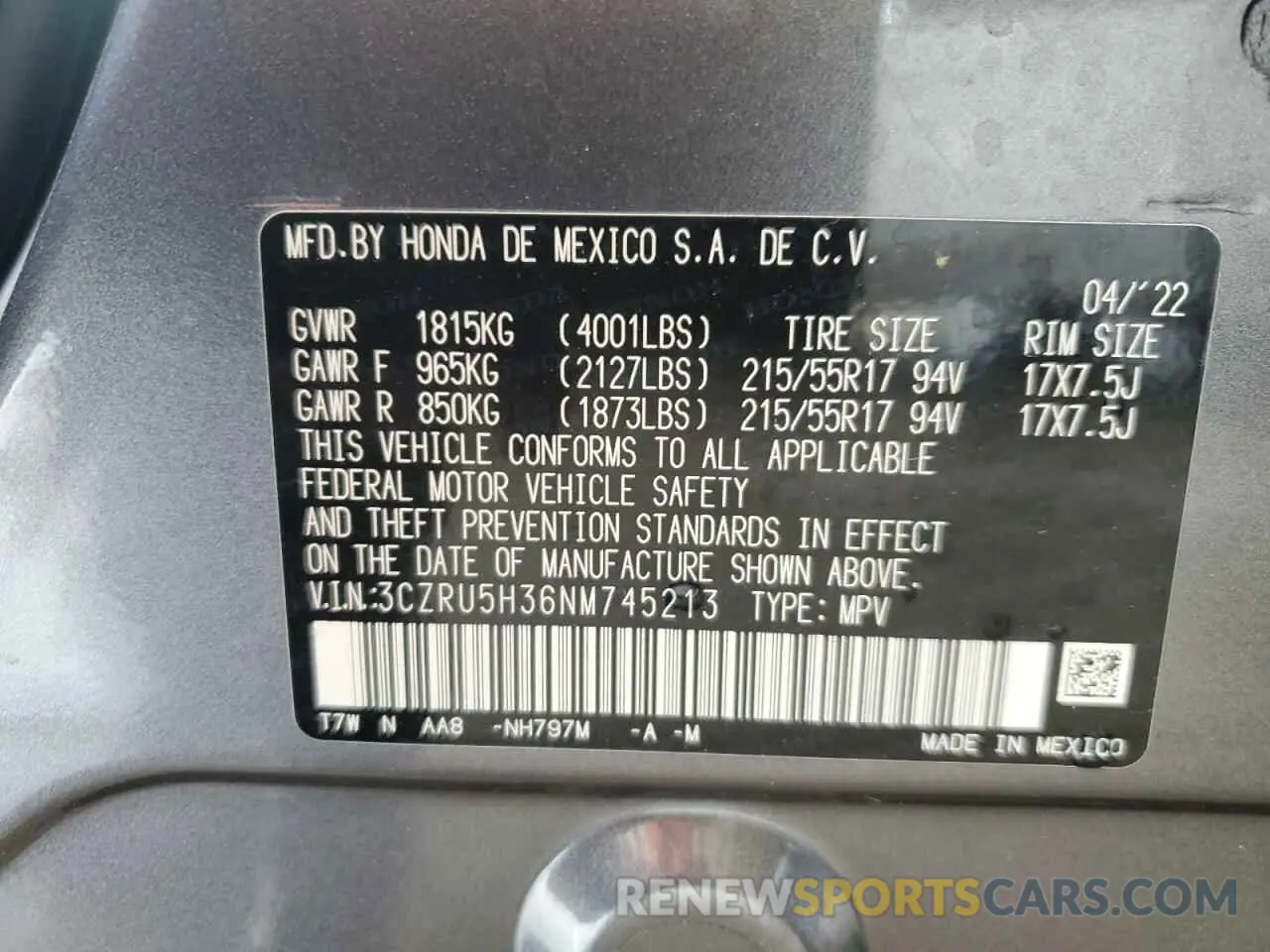 13 Photograph of a damaged car 3CZRU5H36NM745213 HONDA HR-V 2022