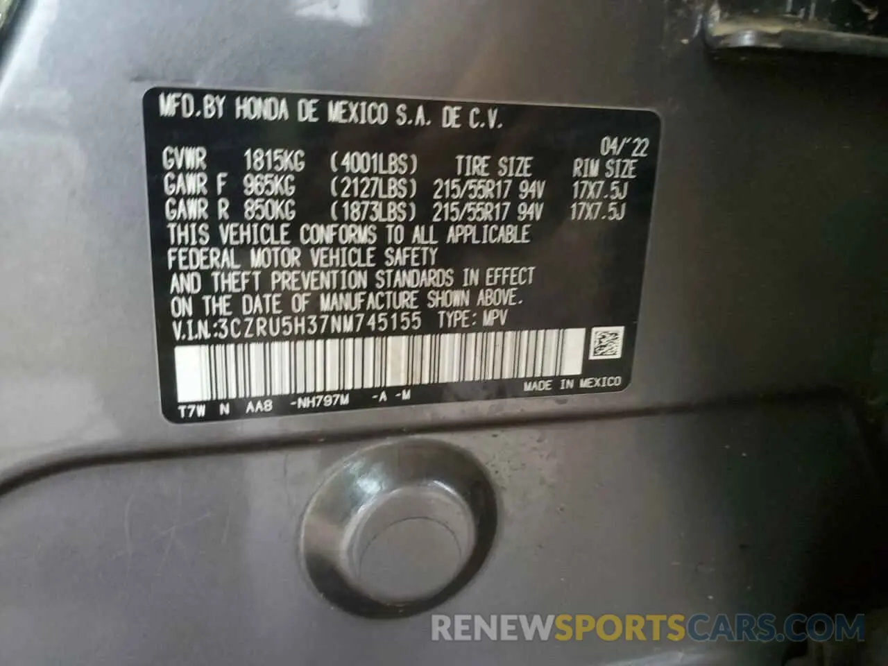 13 Photograph of a damaged car 3CZRU5H37NM745155 HONDA HR-V 2022