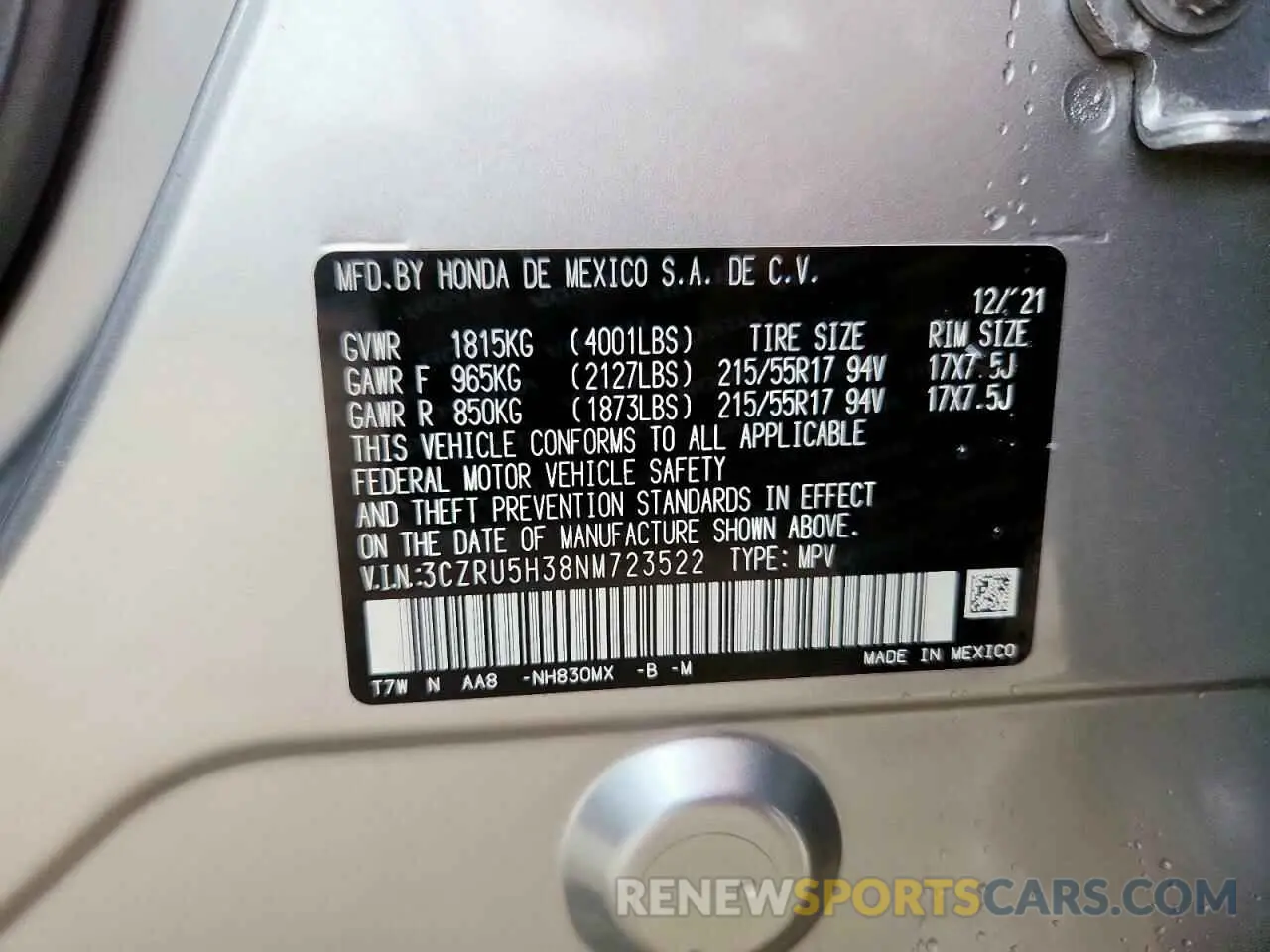 14 Photograph of a damaged car 3CZRU5H38NM723522 HONDA HR-V 2022