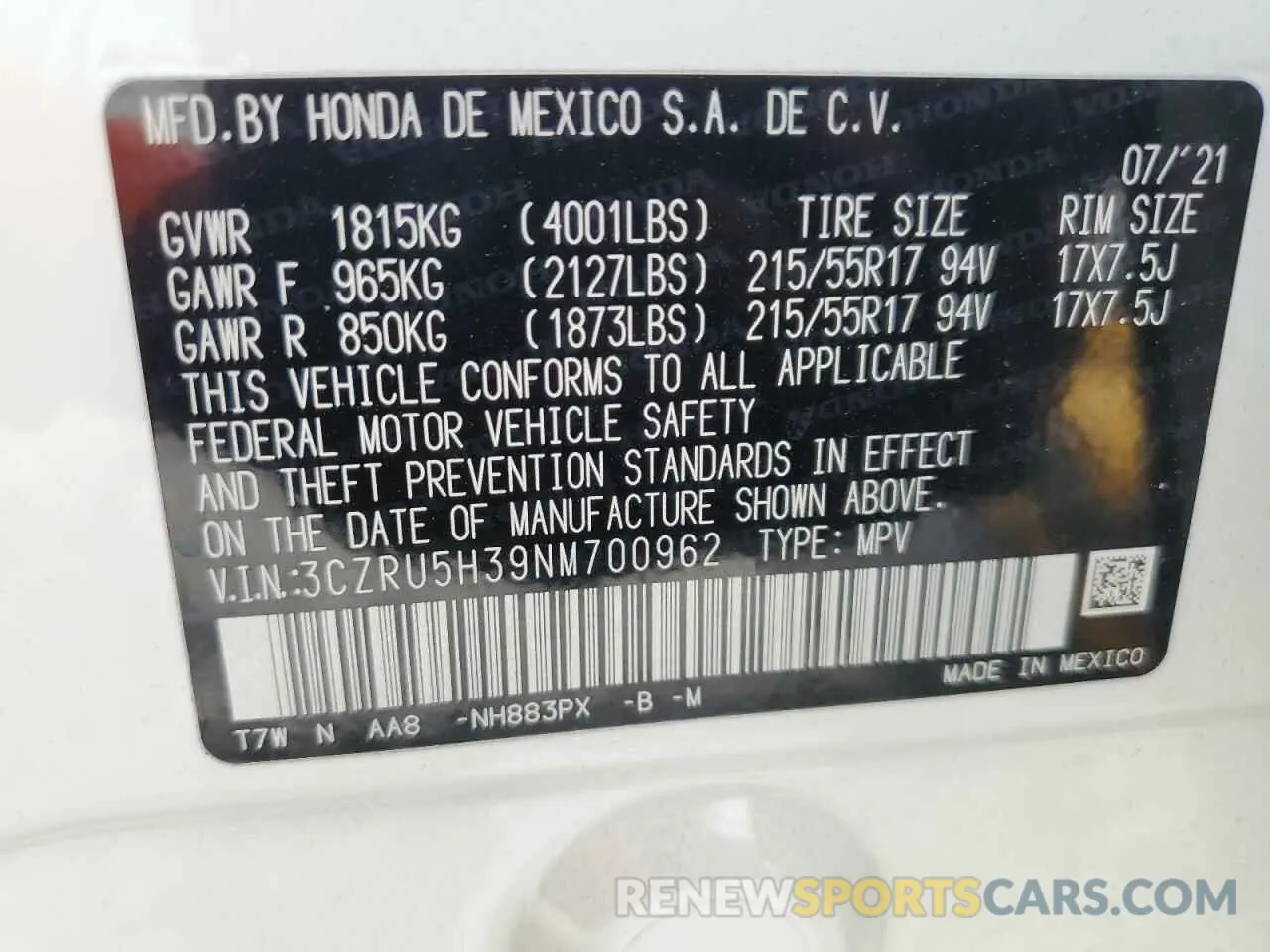 12 Photograph of a damaged car 3CZRU5H39NM700962 HONDA HR-V 2022