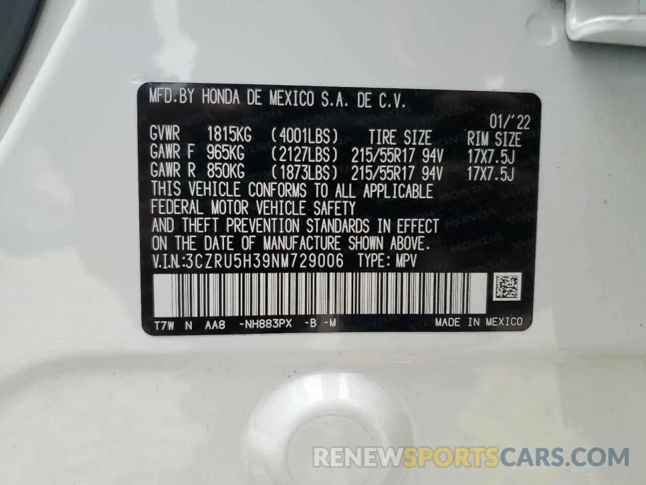 13 Фотография поврежденного автомобиля 3CZRU5H39NM729006 HONDA HR-V 2022