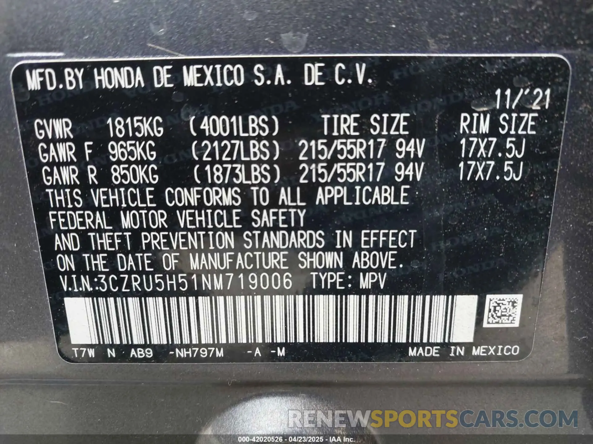 9 Photograph of a damaged car 3CZRU5H51NM719006 HONDA HR-V 2022