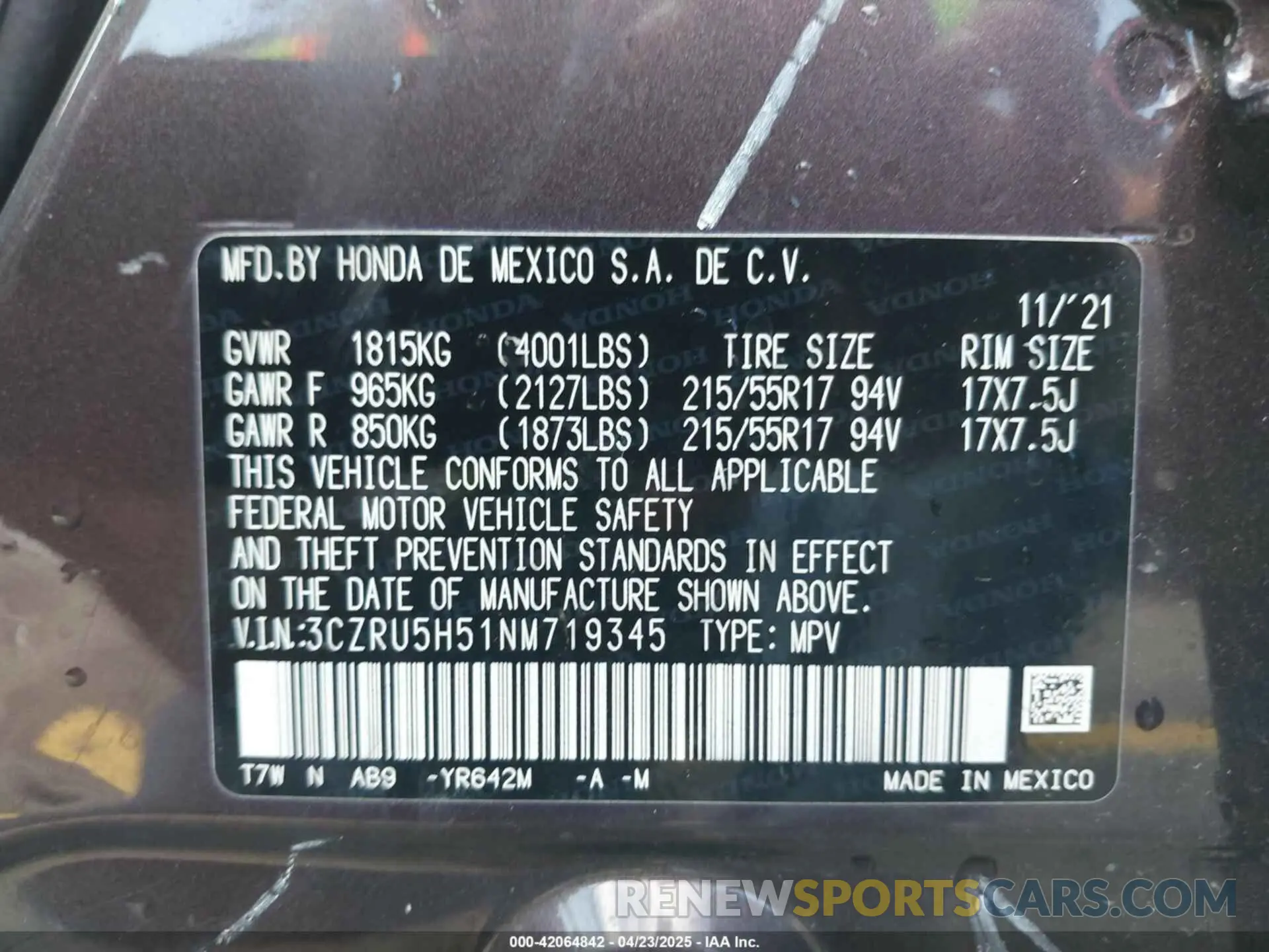 9 Фотография поврежденного автомобиля 3CZRU5H51NM719345 HONDA HR-V 2022