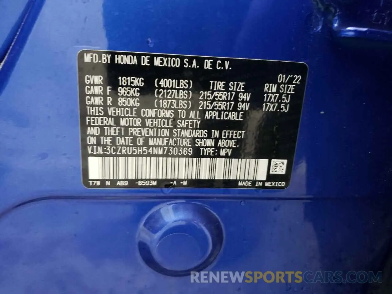 13 Photograph of a damaged car 3CZRU5H54NM730369 HONDA HR-V 2022