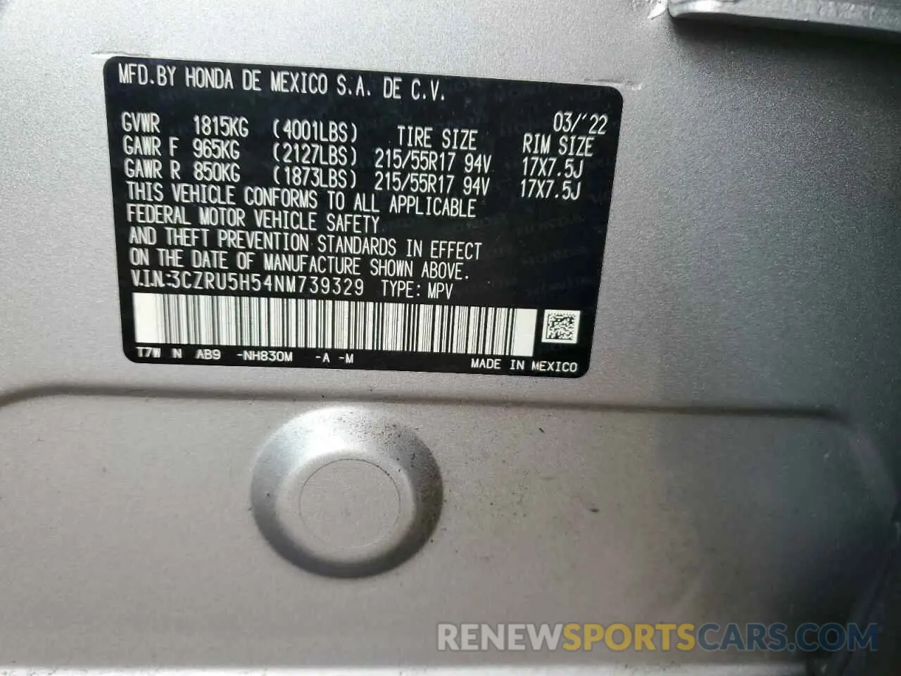 14 Фотография поврежденного автомобиля 3CZRU5H54NM739329 HONDA HR-V 2022