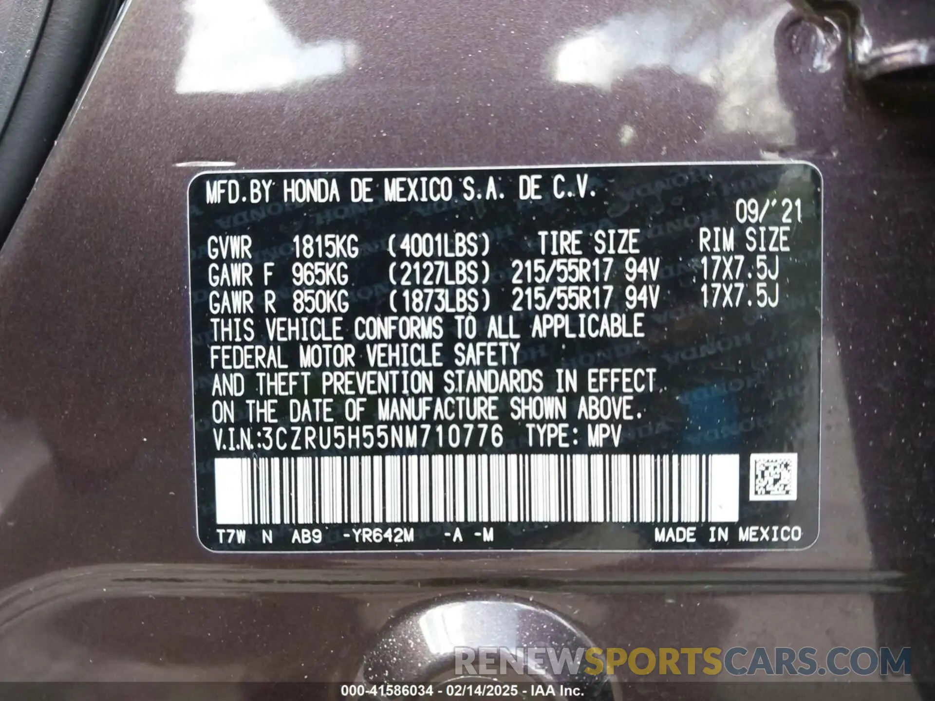 9 Фотография поврежденного автомобиля 3CZRU5H55NM710776 HONDA HR-V 2022
