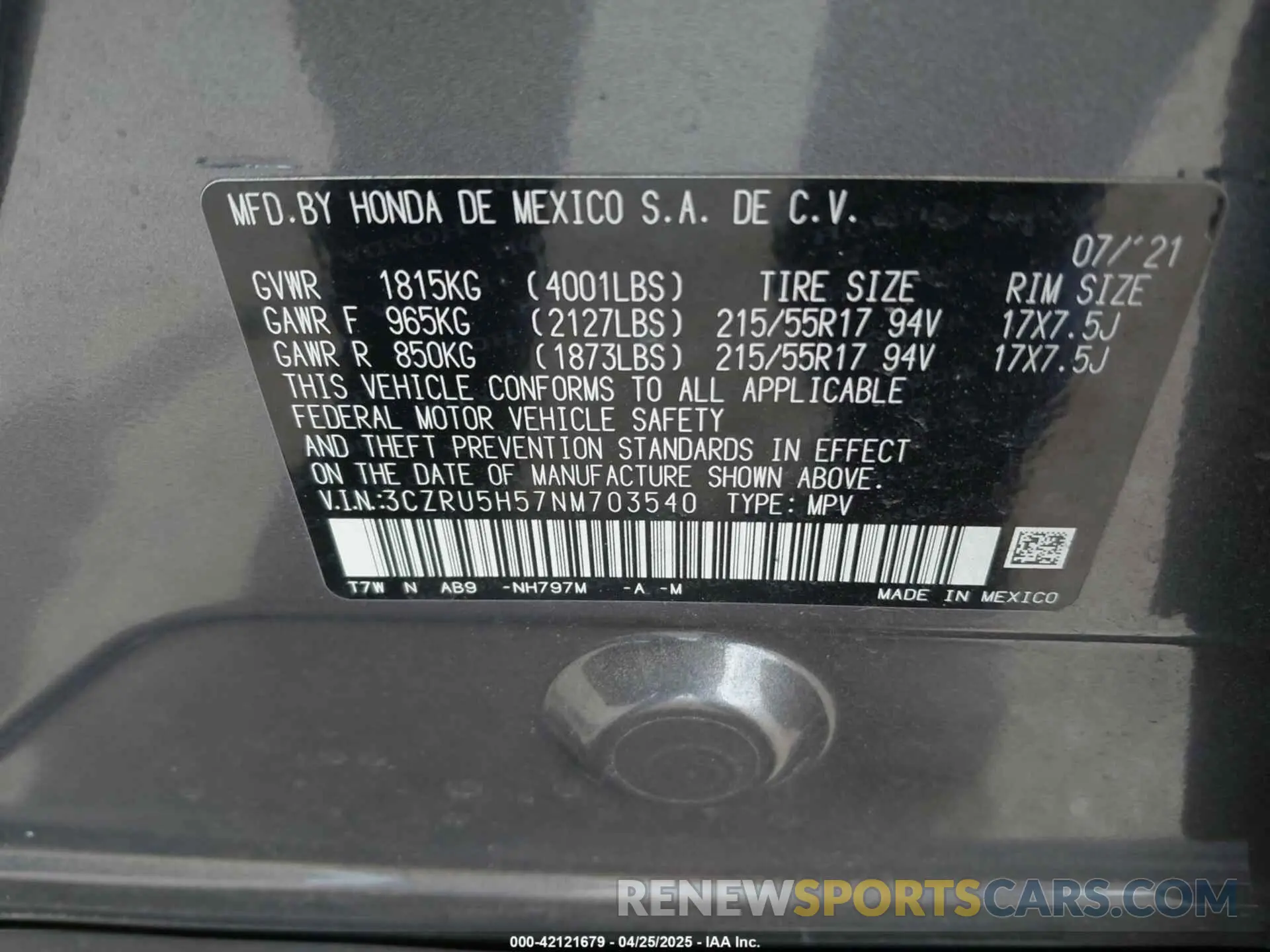 9 Фотография поврежденного автомобиля 3CZRU5H57NM703540 HONDA HR-V 2022