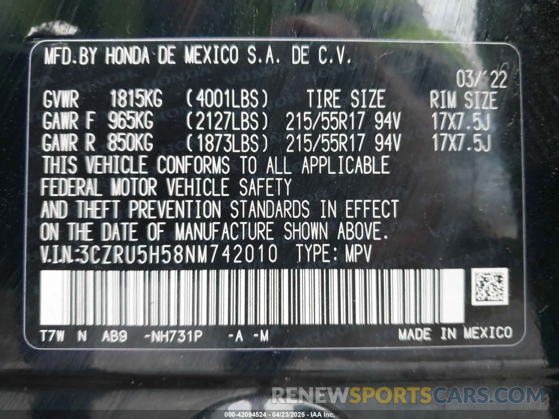 9 Фотография поврежденного автомобиля 3CZRU5H58NM742010 HONDA HR-V 2022
