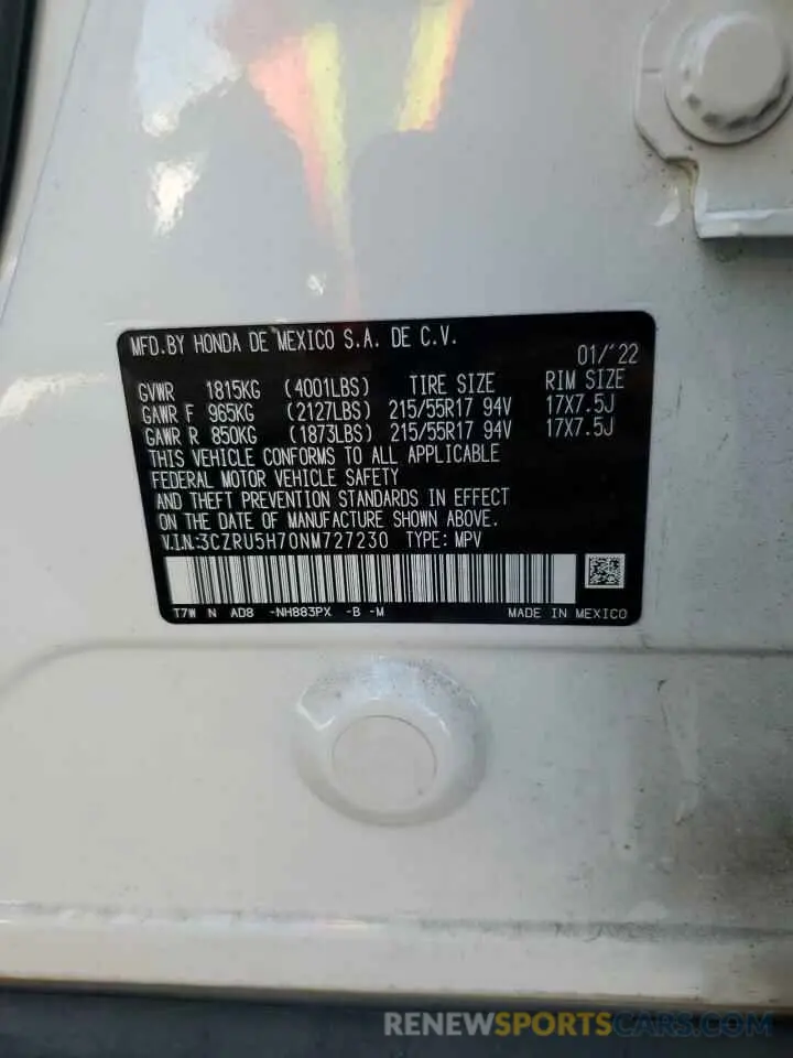 13 Фотография поврежденного автомобиля 3CZRU5H70NM727230 HONDA HR-V 2022
